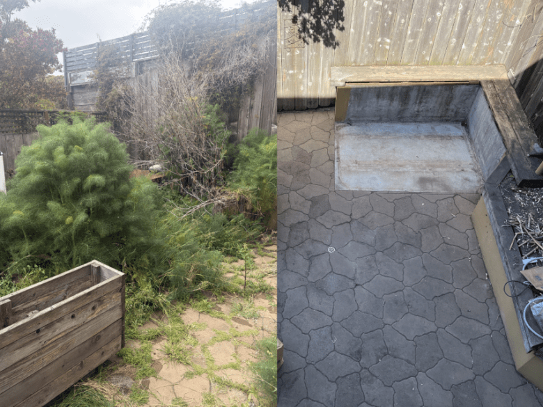 Split view showing a backyard before and after cleanup: left side overgrown with plants, right side cleared with new paving and empty raised bed.