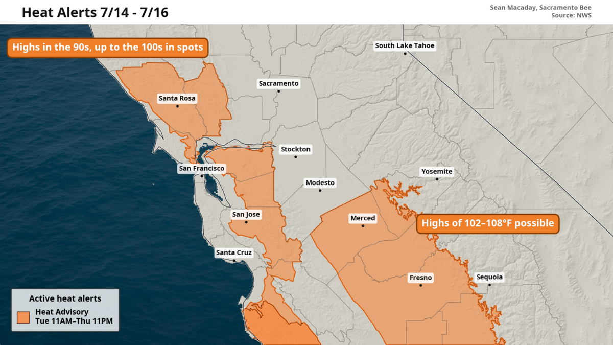 National Weather Service heat advisories for Central California between Tuesday and Thursday.