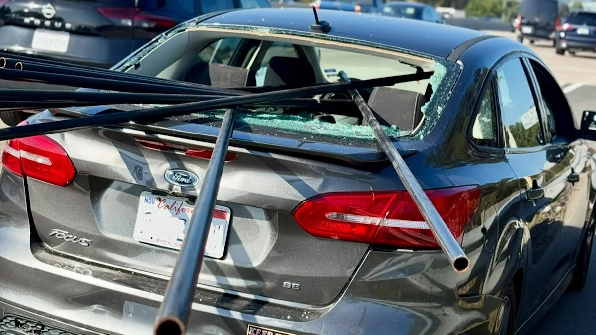 Unsecured metal pipes impale California sedan in terrifying highway crash