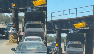 One Very Expensive Miscalculation Leaves Car Carrier Wedged Under California Bridge