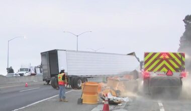 Jackknifed big rig blocks lanes of I-238 in San Leandro