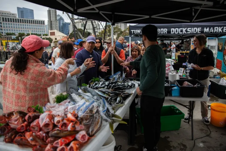 Customers gather in front of fisherman Shane Volberding’s booth at Tuna Harbor Dockside Market in downtown San Diego on June 20, 2026. This week’s catch includes mackerel, yellowtail, bottomfish and mako shark. (Photo by Adriana Heldiz/CalMatters)