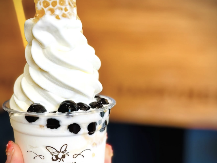 soft serve with boba and honeycomb chip