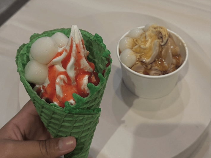 Hokkaido milk and chocolate soft serve with mochi balls