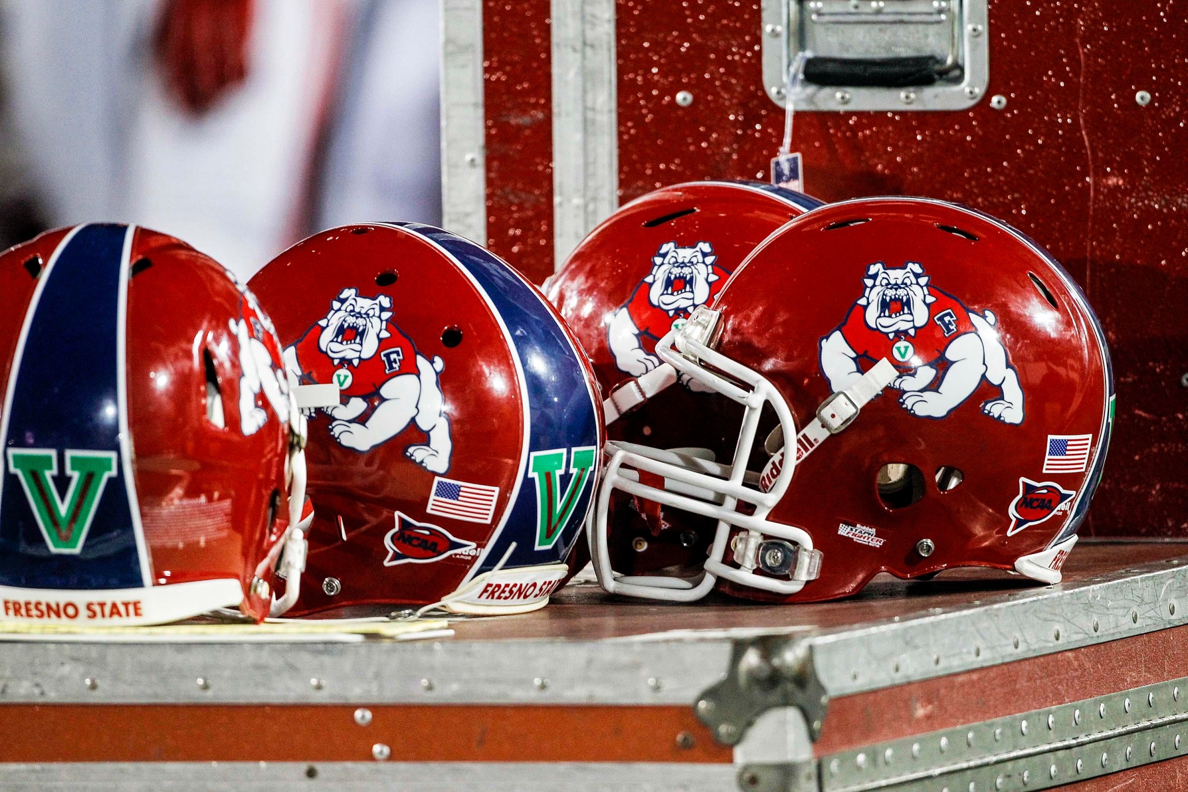Oct 6, 2012; Fort Collins, WY, USA; General view of Fresno State Bulldogs helmets during the fourth quarter against the Colorado State Rams. The Bulldogs beat the Rams 28-7. Mandatory Credit: Troy Babbitt-Imagn Images