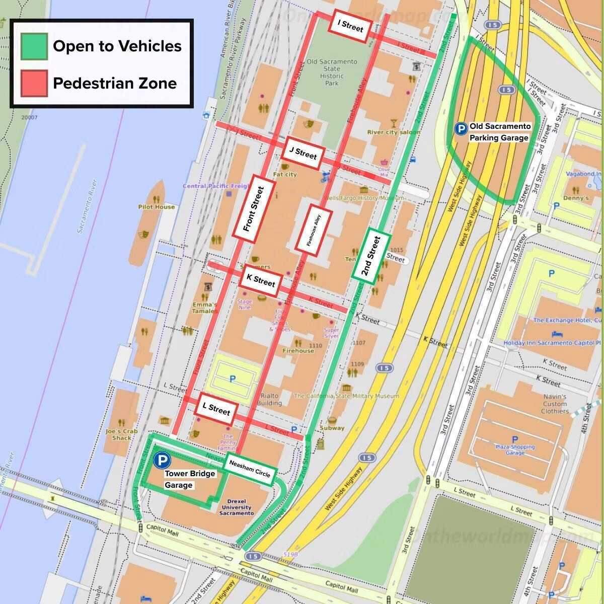 A map of Old Sacramento's historic district provided by the Sacramento Police Department shows streets that will be closed to vehicle traffic beginning Friday following last weekend's stabbing attack that wounded five people.
