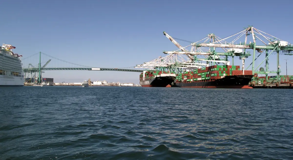 Container ships being handled at the Port of Los Angeles