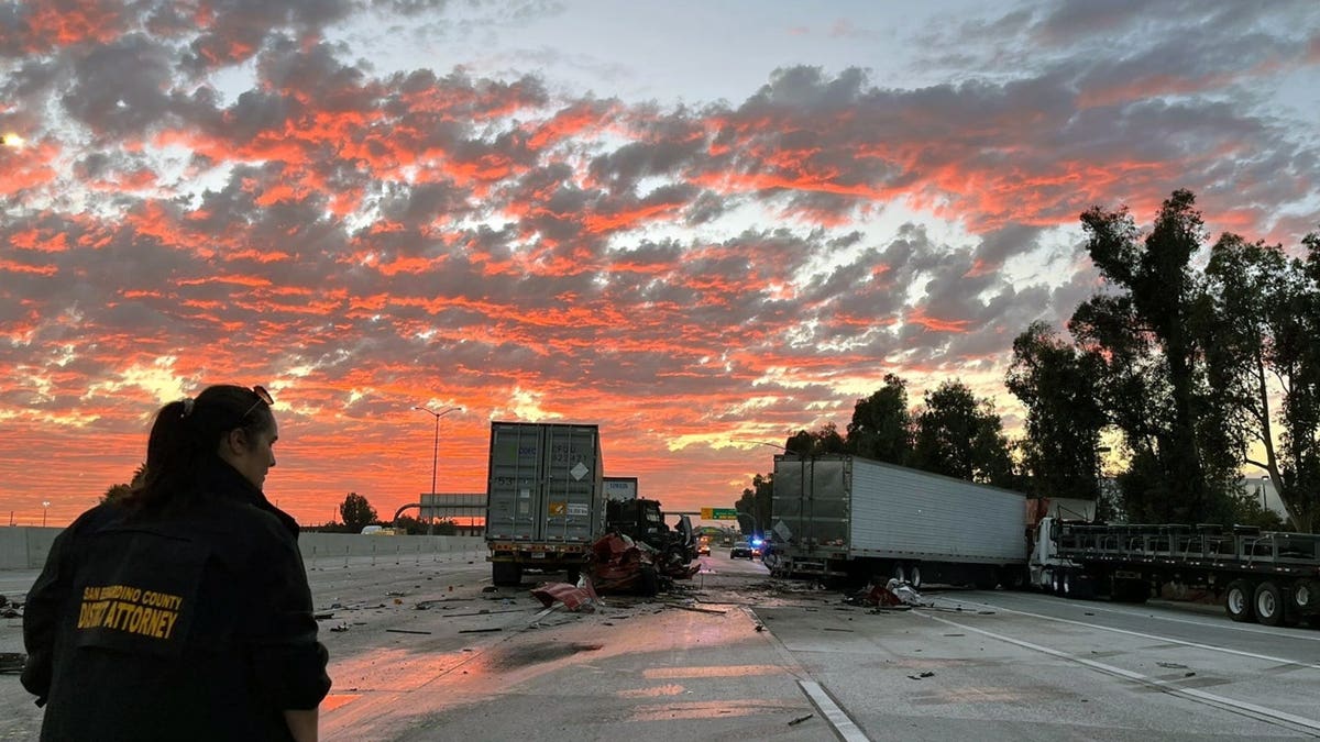 Emergency crews respond after a semitruck crashed into traffic on Interstate 10 in San Bernardino County, California, on October 21, 2025.