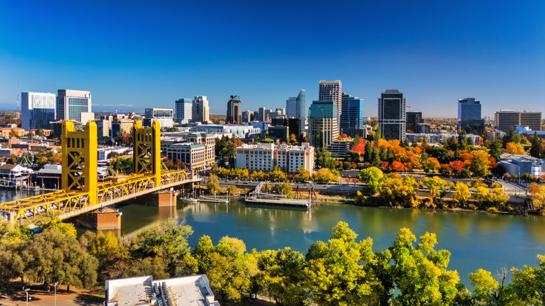 Tower Bridge crosses the Sacramento River with downtown in the background.