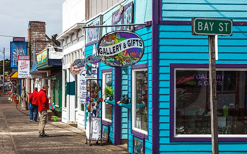 Depoe Bay, Oregon, USA - Colorful shops at main street of small coastal town.