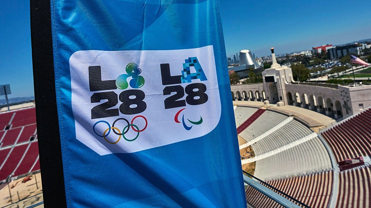 LA 28 logo at the Los Angeles Memorial Coliseum.