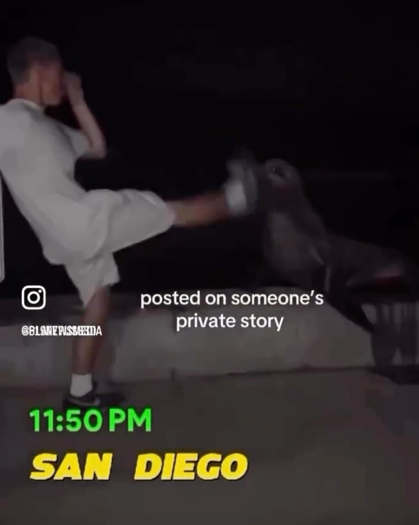 Video still of a person kicking a seal at night, with text overlay "11:50 PM SAN DIEGO".