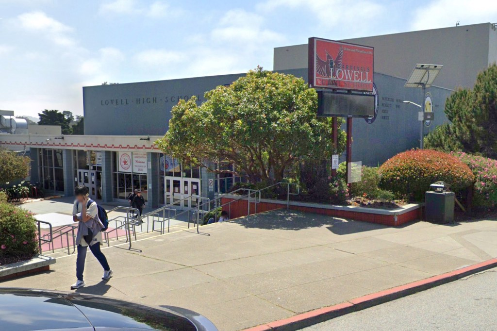 Lowell High School in San Francisco, with a sign welcoming the Class of 2028.