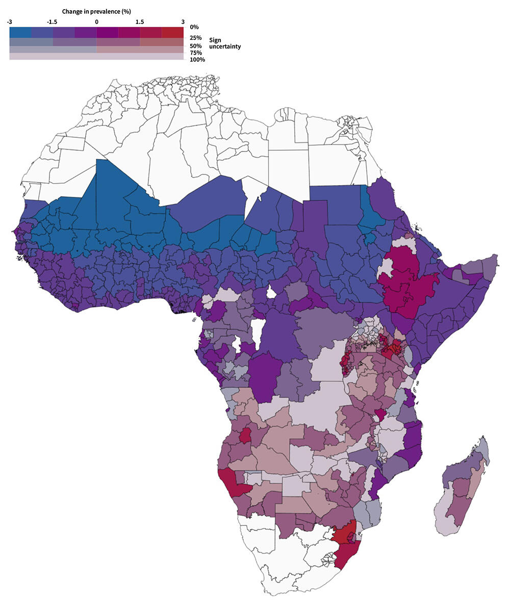 Bivariate map of Africa projecting future malaria prevalence changes.