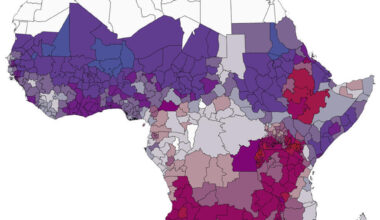 Choropleth map of Africa (2010–2014) showing prevalence change (blue/red) and model uncertainty (saturation).