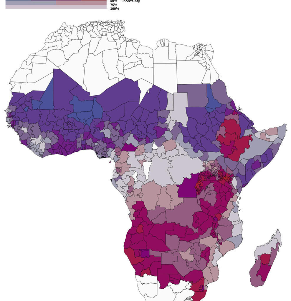 Choropleth map of Africa (2010–2014) showing prevalence change (blue/red) and model uncertainty (saturation).