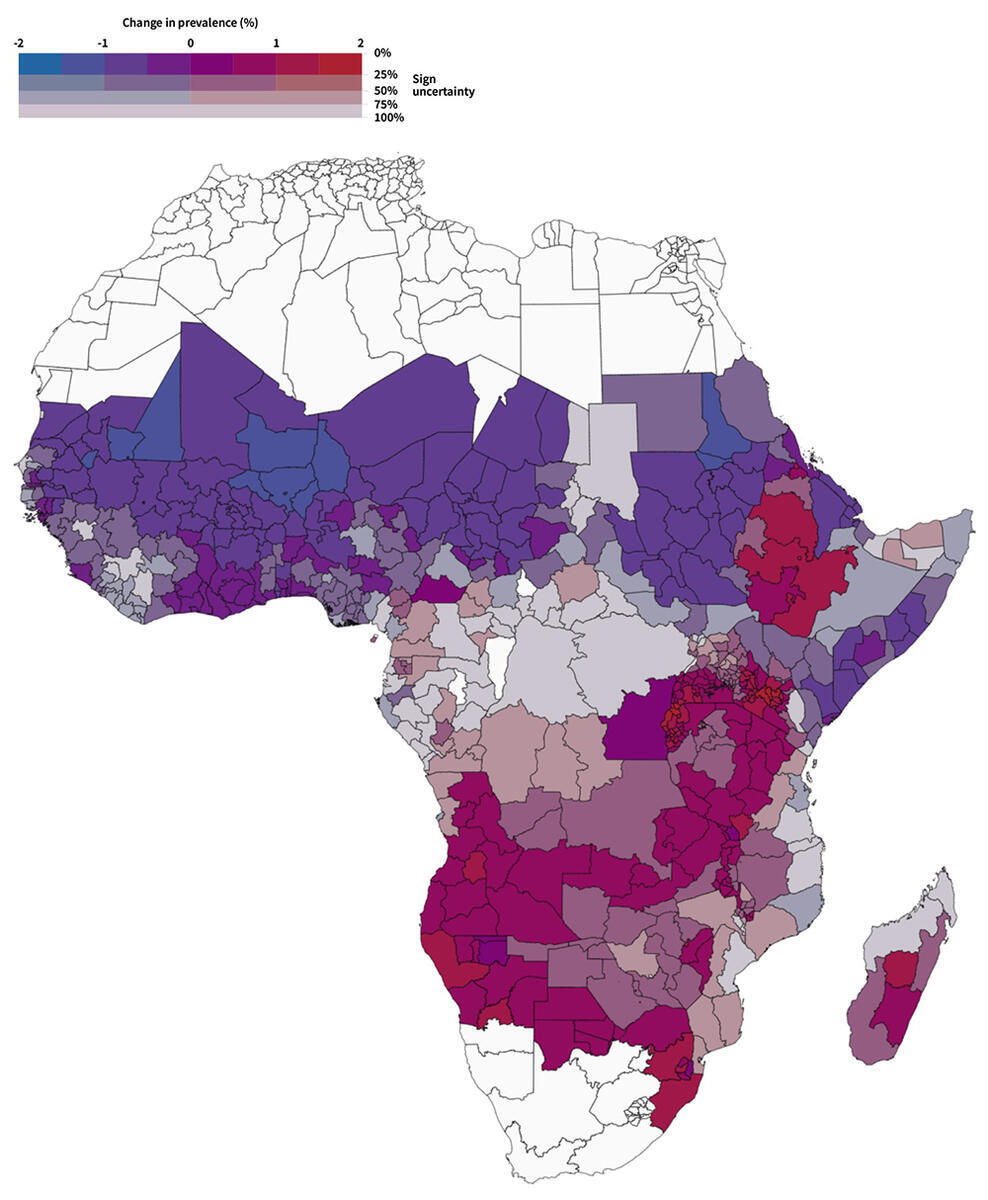Choropleth map of Africa (2010–2014) showing prevalence change (blue/red) and model uncertainty (saturation).