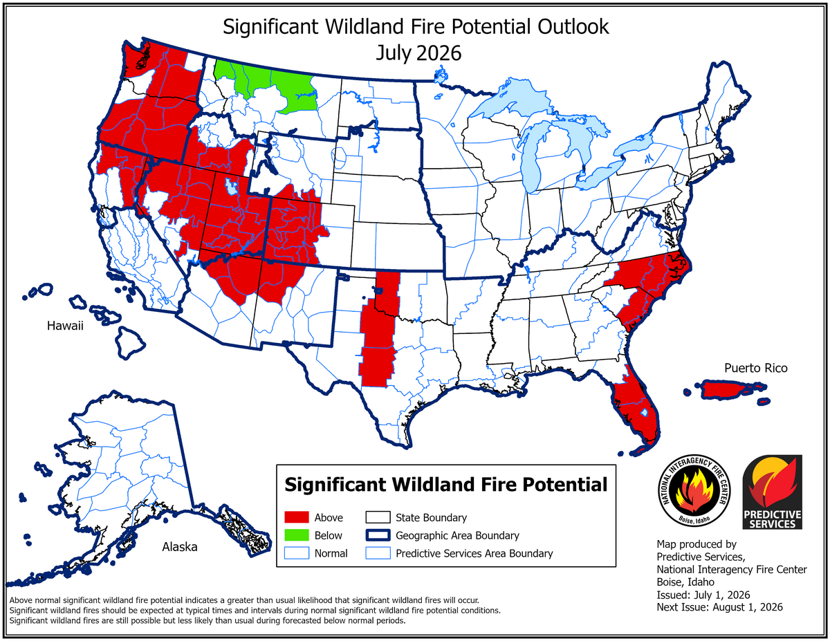 A map shows areas of significant wild land fire potential for the month of July. Inland Northern California is at an increased risk.