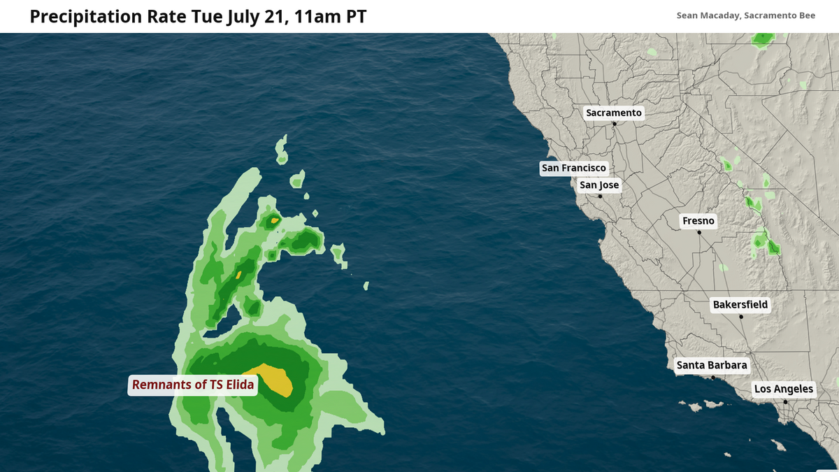 Forecast precipitation from post-tropical storm Elida offshore of California on Tuesday, July 21