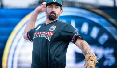In this photo provided by Darrell S. Lavin Photography, Oakland Ballers pitcher Liam Plunkett winds up during a Pioneer League game, June 26, 2026, at Raimondi Park in Oakland, Calif. (Darrell S. Lavin/Darrell S. Lavin Photography via AP)