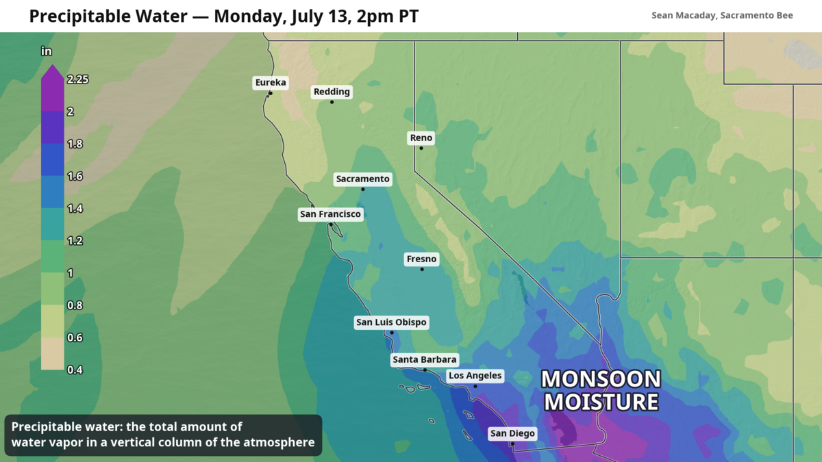 Monsoonal moisture from the southwestern U.S. is being directed into Central California.