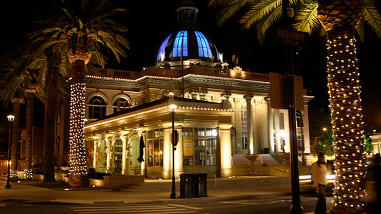 The historic San Mateo County Courthouse in Redwood City, California, lit up at night