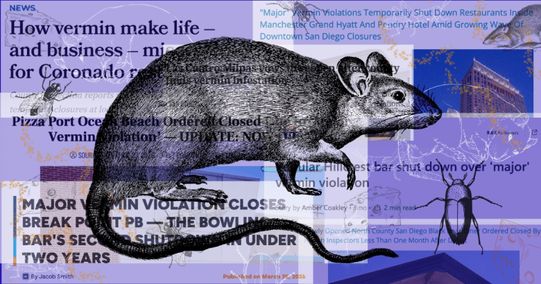 A rat outline over headlines about restaurant closures