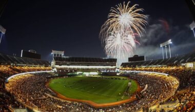 Alameda Post - The Oakland Coliseum filled with people at night, with fireworks overhead.