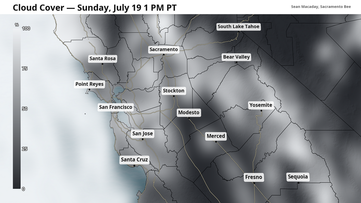Approximate cloud cover Sunday afternoon, with mostly to partly sunny skies expected as a few clouds pass through.