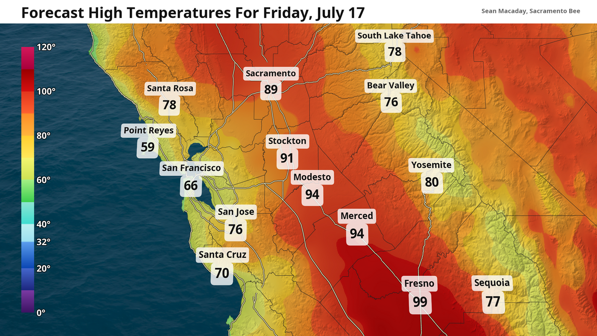 Forecast high temperatures Friday, July 17