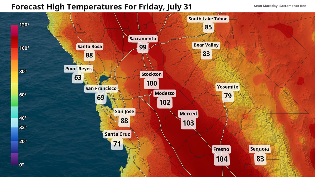 Forecast high temperatures Friday, July 31