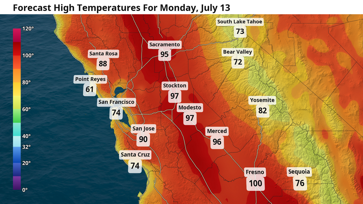 High temperature forecast for Monday, July 13