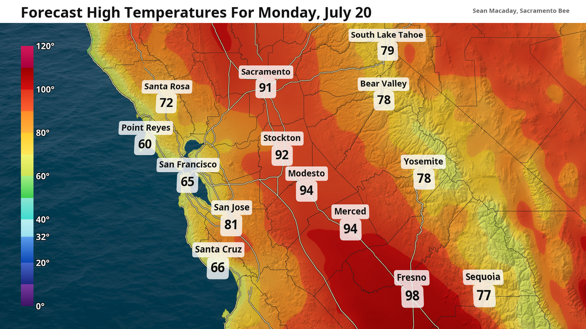 Forecast high temperatures Monday, July 20