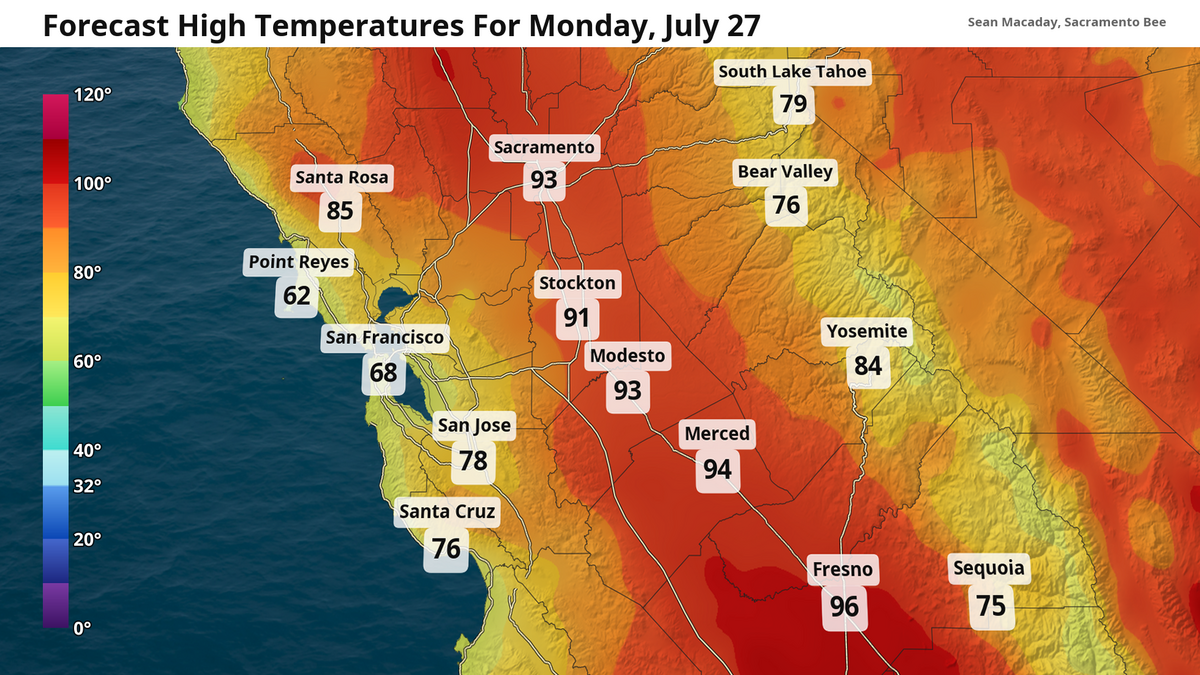 Forecast high temperatures Monday, July 27