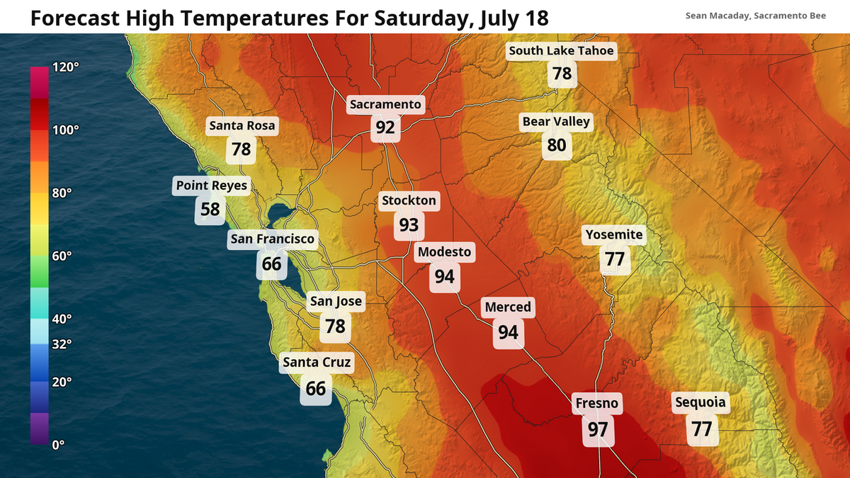 Forecast high temperatures Saturday, July 18