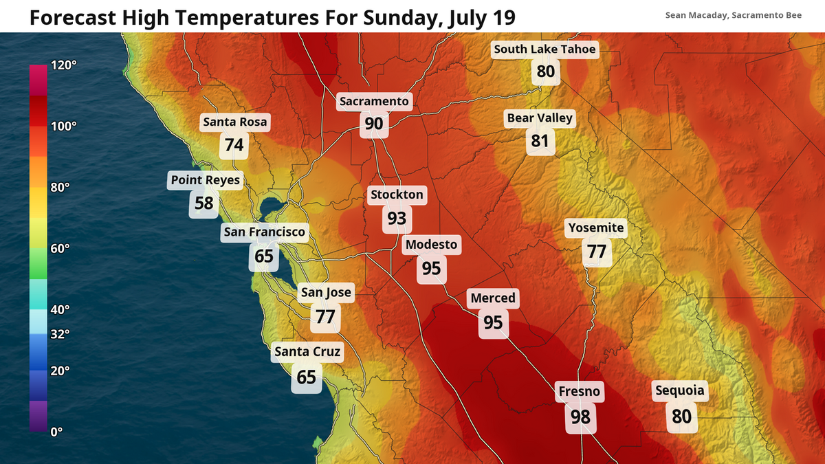 Forecast high temperatures Sunday, July 19