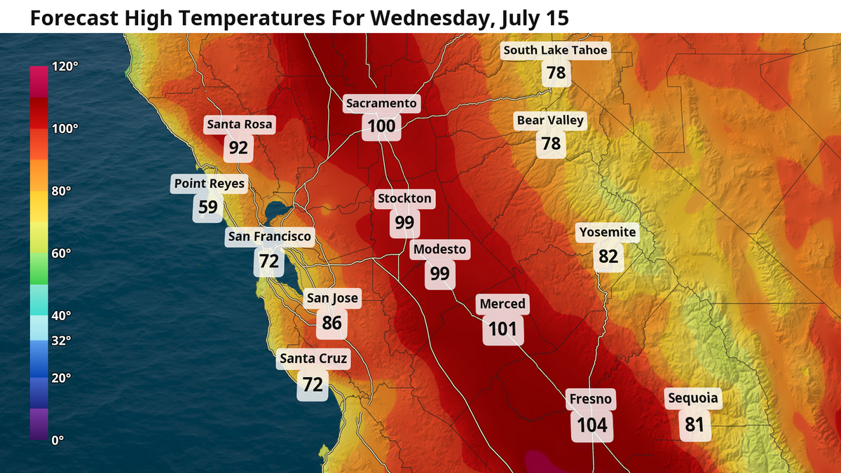 Forecast high temperatures for Wednesday, July 15