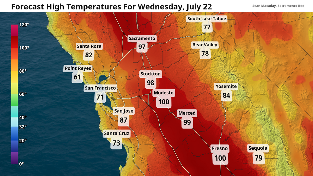 Forecast high temperatures for Wednesday, July 22