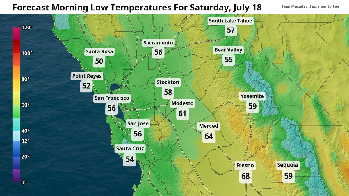 Forecast low temperatures morning of Saturday, July 18