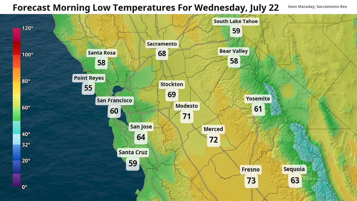 Forecast low temperatures the morning of Wednesday, July 22