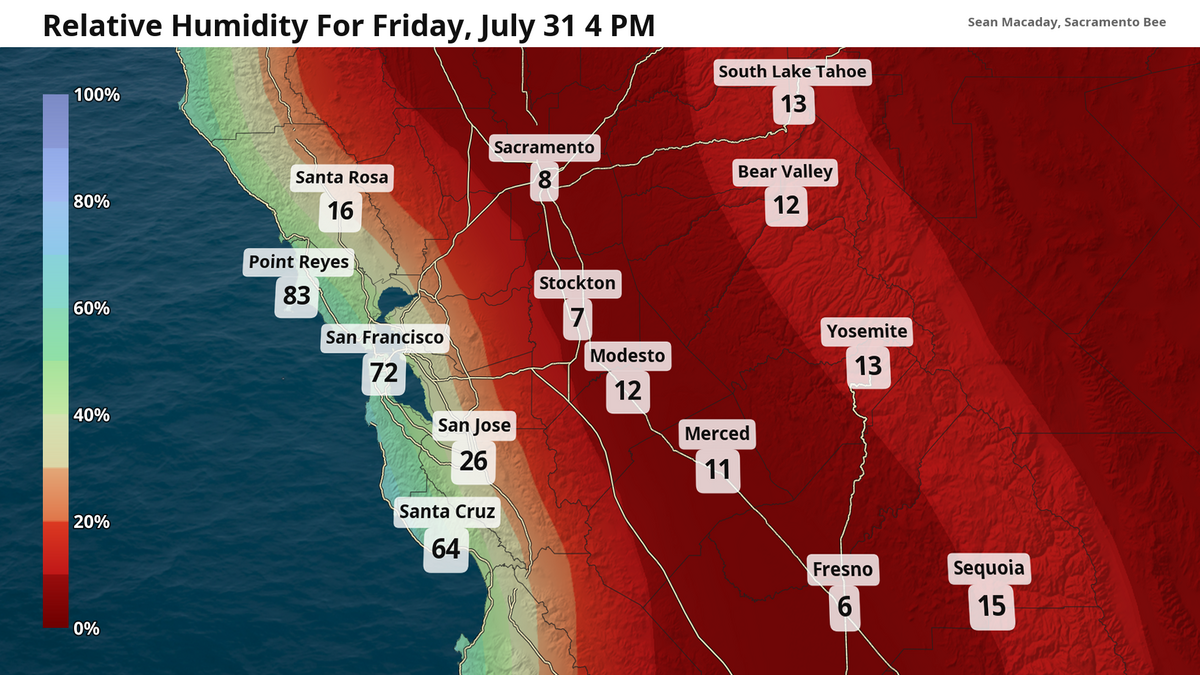 Relative humidity levels (in percent) for Friday afternoon. Very dry air will exacerbate fire risk.