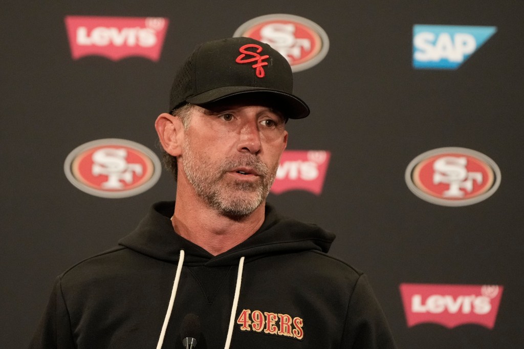 San Francisco 49ers head coach Kyle Shanahan speaks at a news conference.