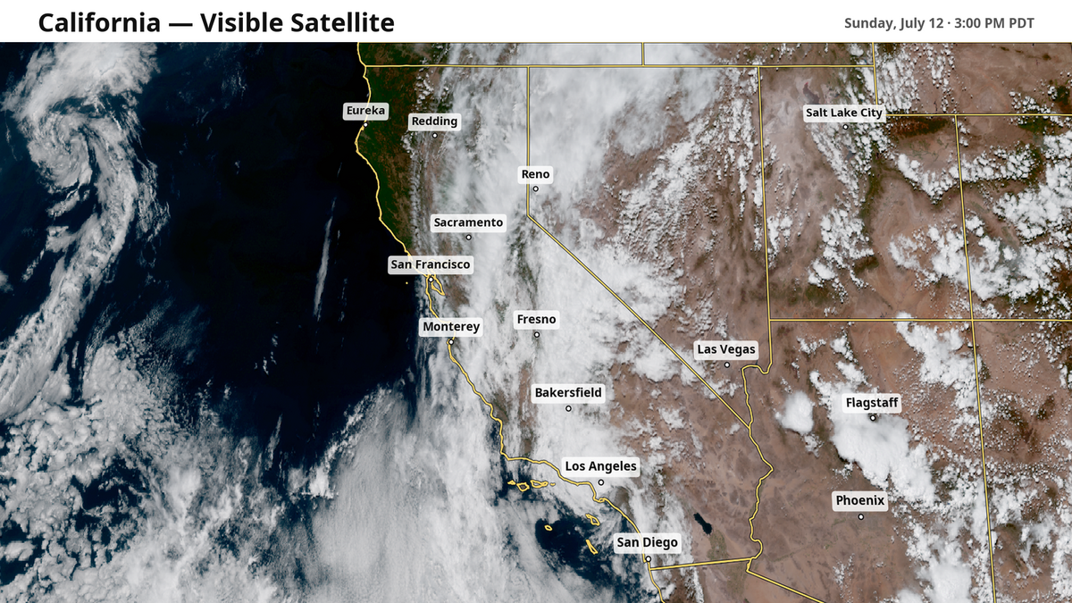 On Sunday afternoon, a plume of tropical moisture could be seen as a dense band of clouds across California. This moisture will continue to bring occasional clouds and showers to the state through Tuesday, with most rain falling over the Sierra.