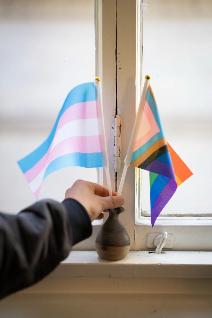 Signs of support for all gender and sexual identities can be found around San Francisco Asian Women’s Shelter offices. Reflections from a meeting are displayed at the SF Asian Women’s Shelter office space in San Francisco, California on May 27, 2026. (Sarahbeth Maney for The 19th)