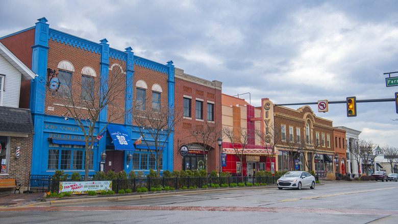 Colorful buildings in downtown Farmington, Michigan