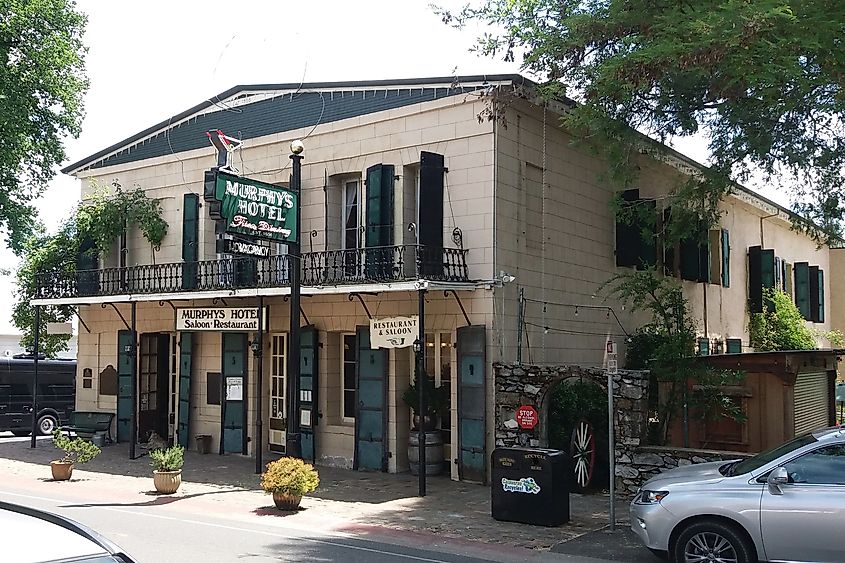 The stone facade of the Murphys Historic Hotel on Main Street in Murphys, California.