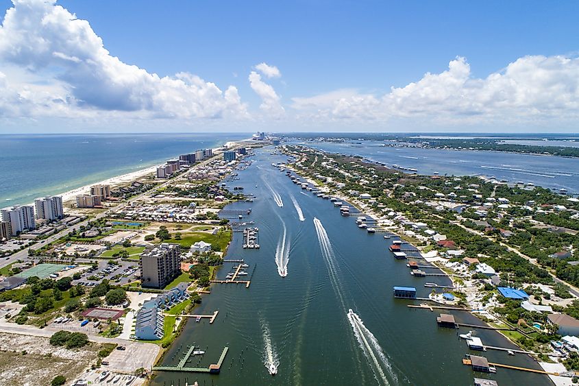 Aerial view of the beach and clear water at Perdido Key, Florida.