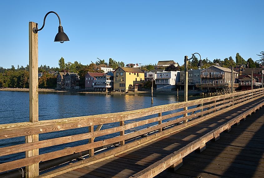 Old wooden pier over Penn Cove in Coupeville, Washington.