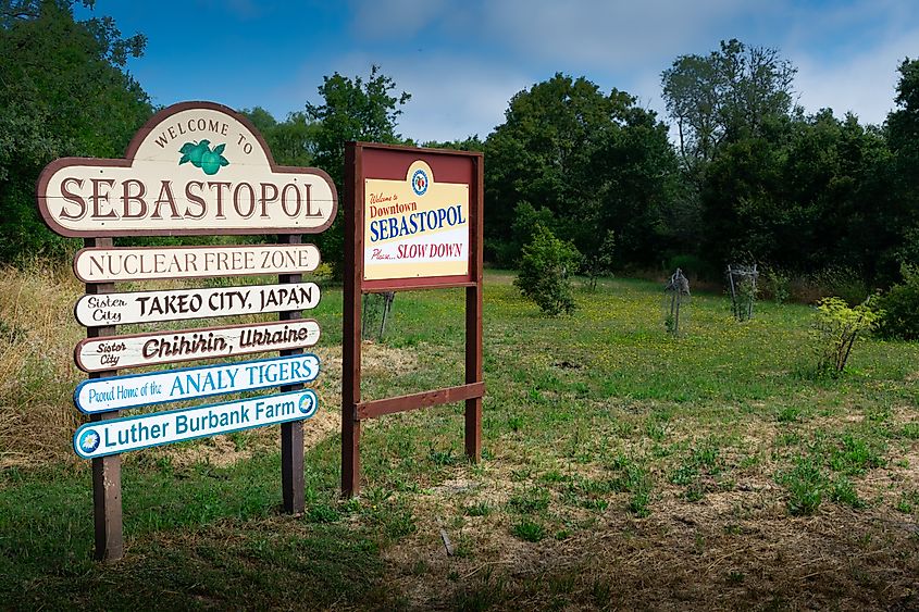 'Welcome to Sebastopol' road sign in Sebastopol, California