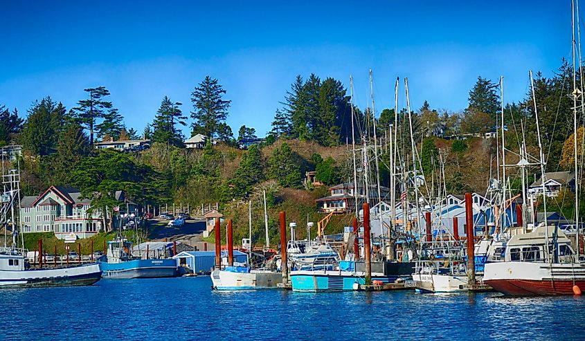 Yaquina Bay harbor and marina in Newport, Oregon.